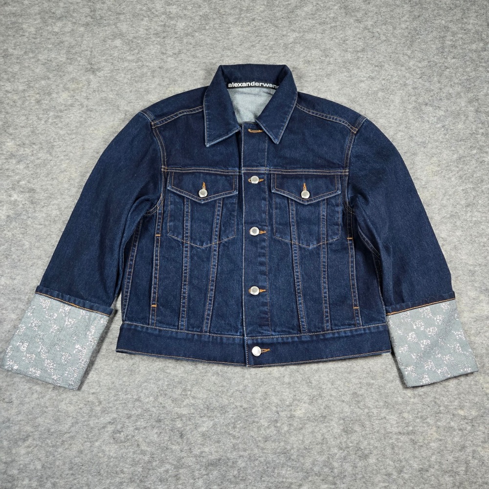 Alexander Wang SAMPLE Womens Blue Glitter Cuff Trucker Denim Jacket XS S